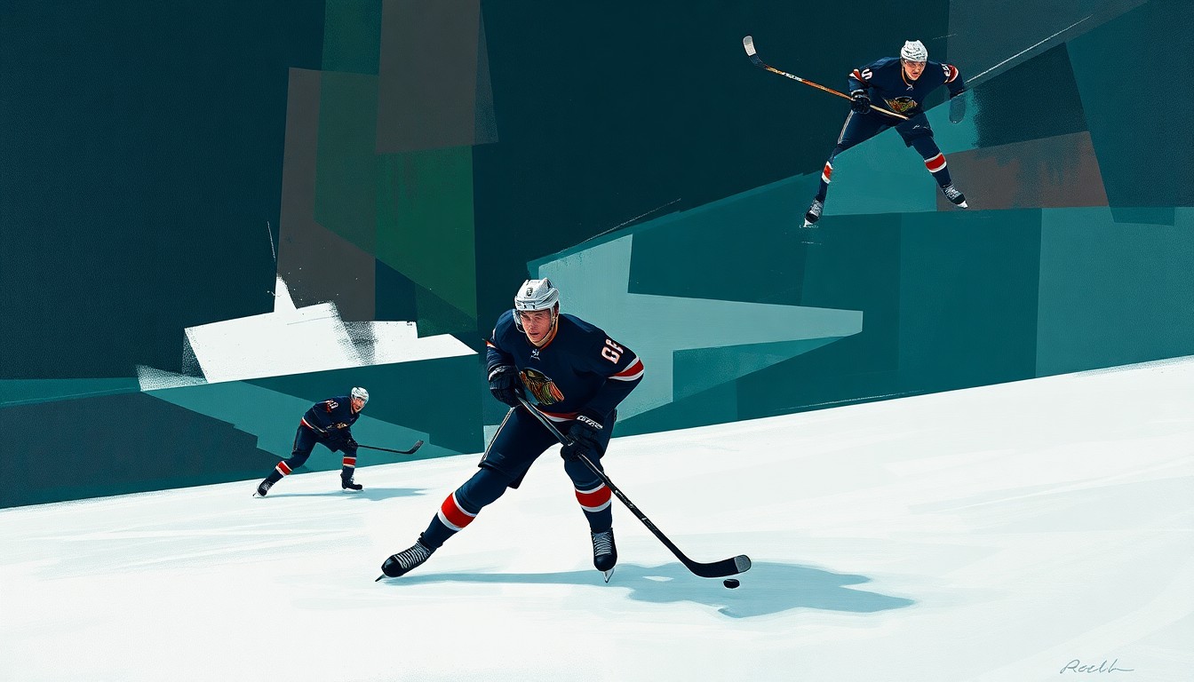 A fragmented, geometric painting depicting the dynamic movements of a hockey player, with sharp planes of navy, green, and burgundy colors blending together to create an abstract, energetic composition.