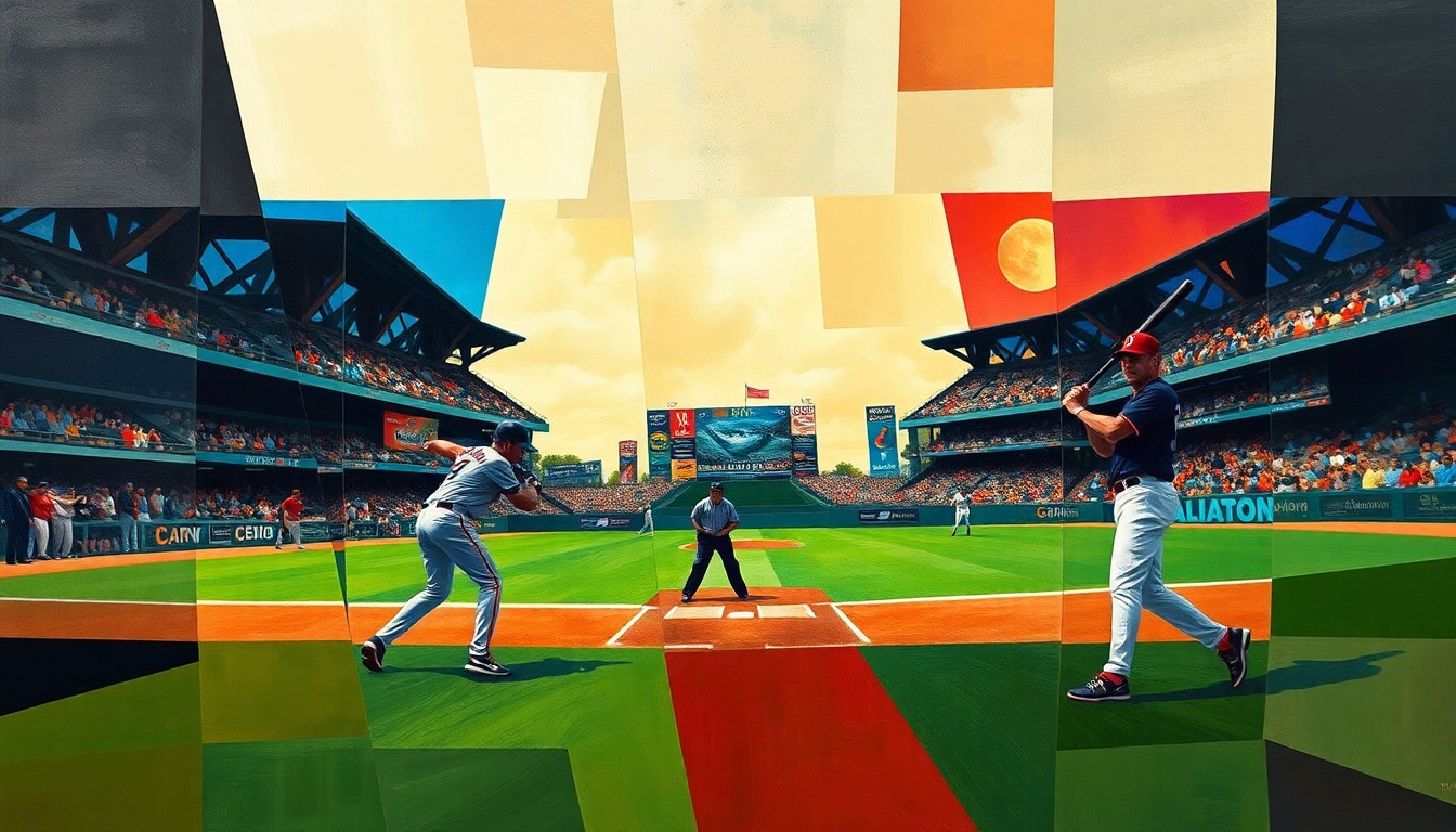 A fractured, cubist-style painting depicting a baseball game or match, with the players, field, and umpire broken down into abstract geometric shapes and planes of color, representing the tensions between technology and tradition in the sport.