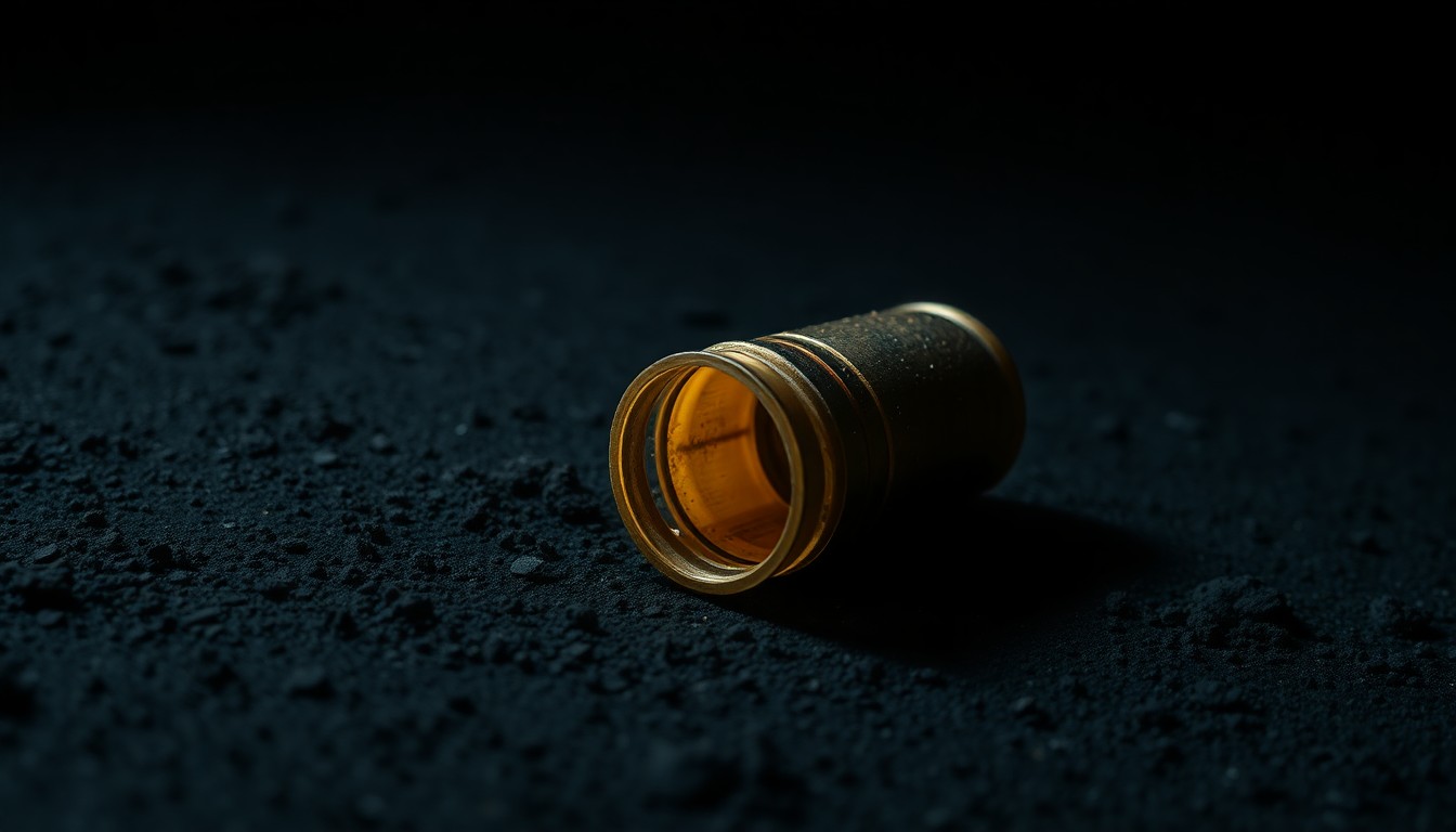 An extreme close-up photograph of a spent shell casing on a dark, gritty surface, lit by a harsh camera flash, conceptually representing the aftermath of a shooting incident.