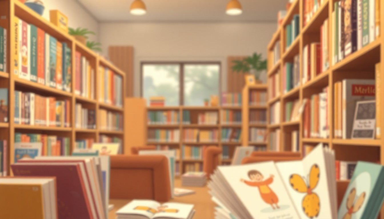 An abstract, out-of-focus photograph of library shelves and books in soft, warm colors, conveying the welcoming atmosphere of a community library.