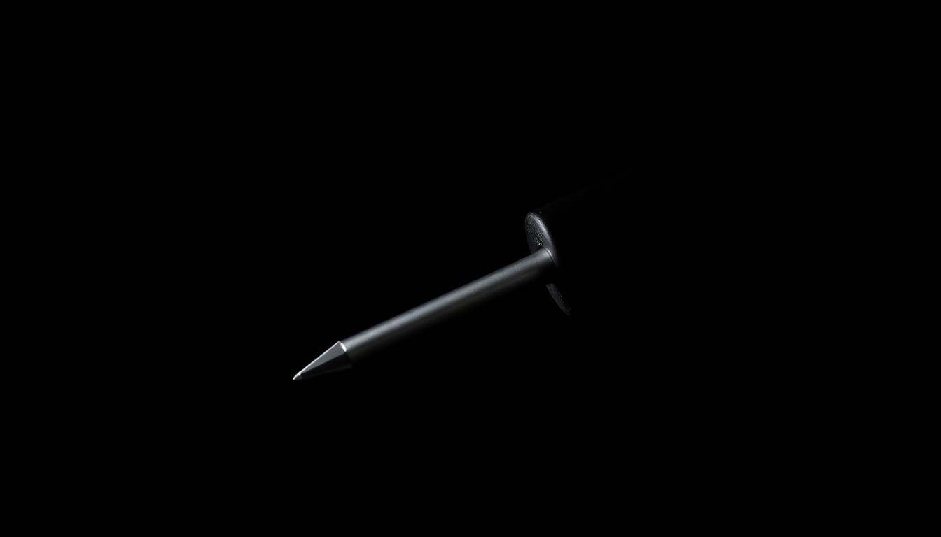 An extreme close-up photograph of a metal screwdriver's sharp point and textured shaft, creating a stark, gritty visual that conceptually represents the violent nature of the crime.