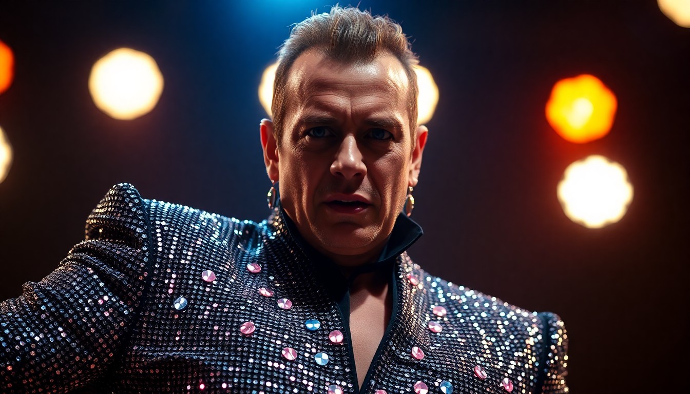 An extreme close-up photograph of a shimmering, sequined fabric in vibrant colors, capturing the glamour and energy of a live musical performance.