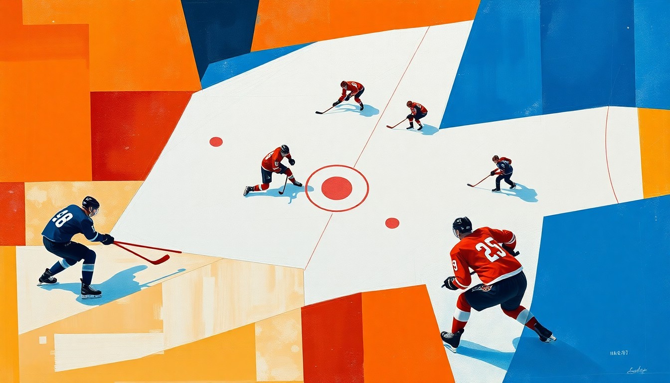 A cubist, geometric painting depicting the chaotic action of a hockey game, with fragmented shapes and planes of orange, blue, and white representing the players, puck, and ice.