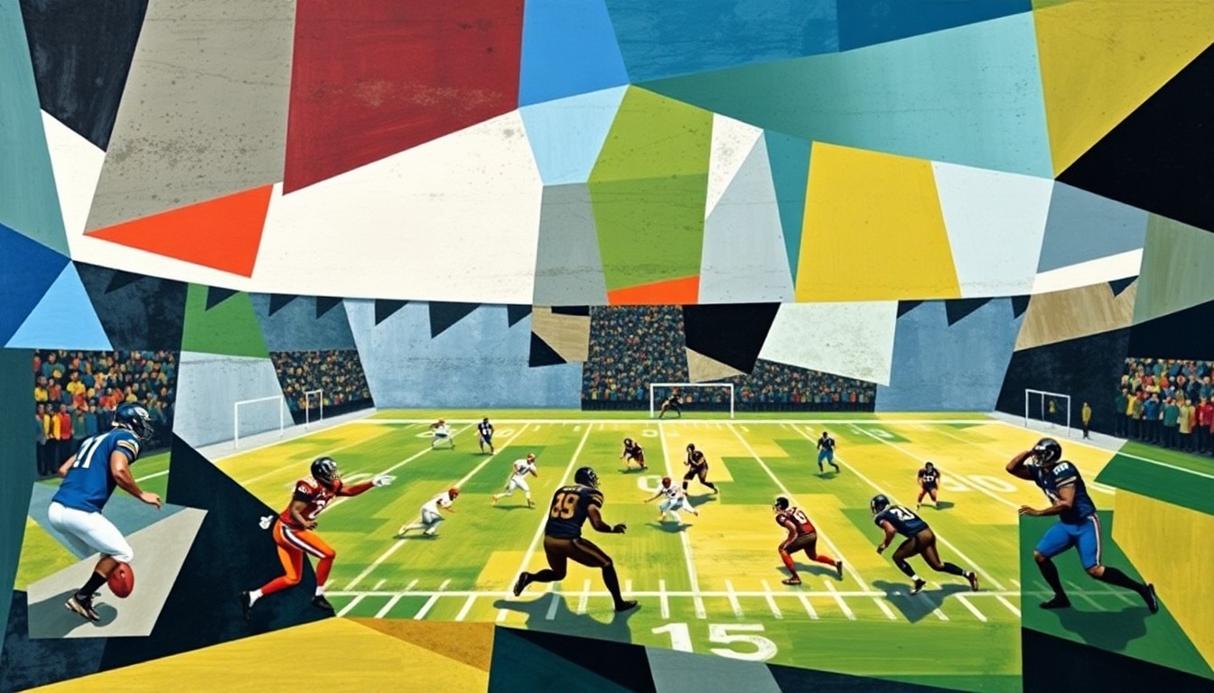 A fragmented, cubist-style painting depicting a football game, with players and the field reduced to sharp, overlapping geometric shapes and planes of color in a dynamic, abstract composition.