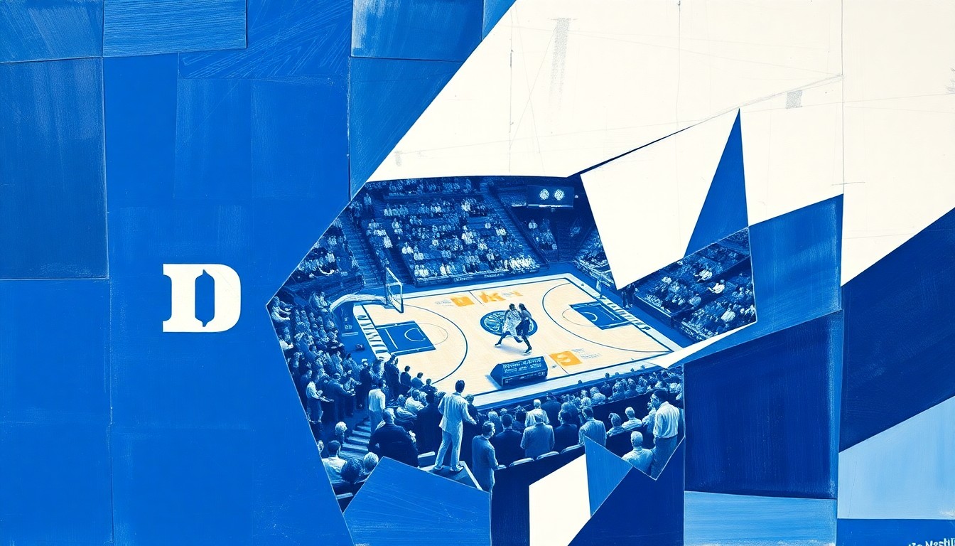 A cubist, geometric painting depicting a fragmented college basketball game, with sharp planes of Duke blue, navy, and white overlapping to create a dynamic, deconstructed visual representation of the team's struggles in the NCAA Tournament.