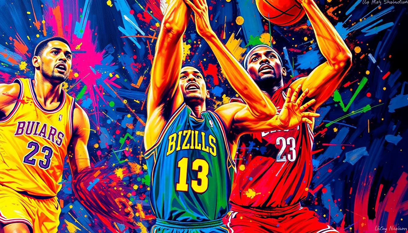An abstract, expressionist painting in vibrant neon colors, capturing the frenetic energy of an NBA basketball game with players' forms dissolving into dynamic brushstrokes.