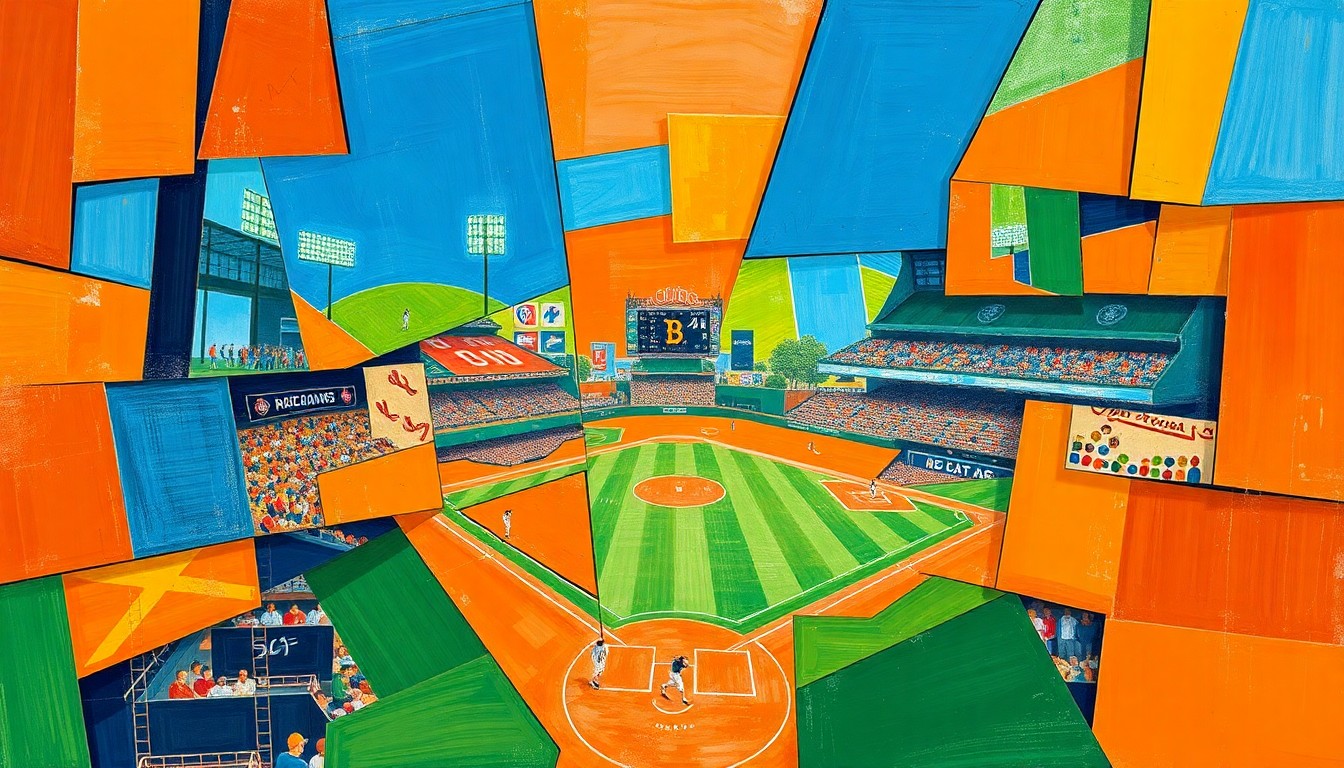 A fragmented, geometric painting depicting baseball players and action, with sharp planes of color and overlapping perspectives, capturing the energy and dynamics of the game.