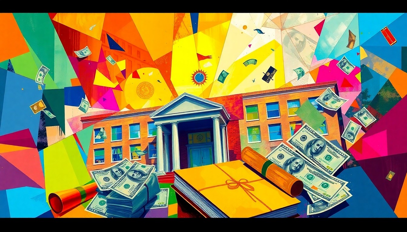 A dynamic, fragmented painting depicting a school building, textbooks, and dollar bills in a swirling, high-energy composition using vivid colors, conveying the tensions over school funding.