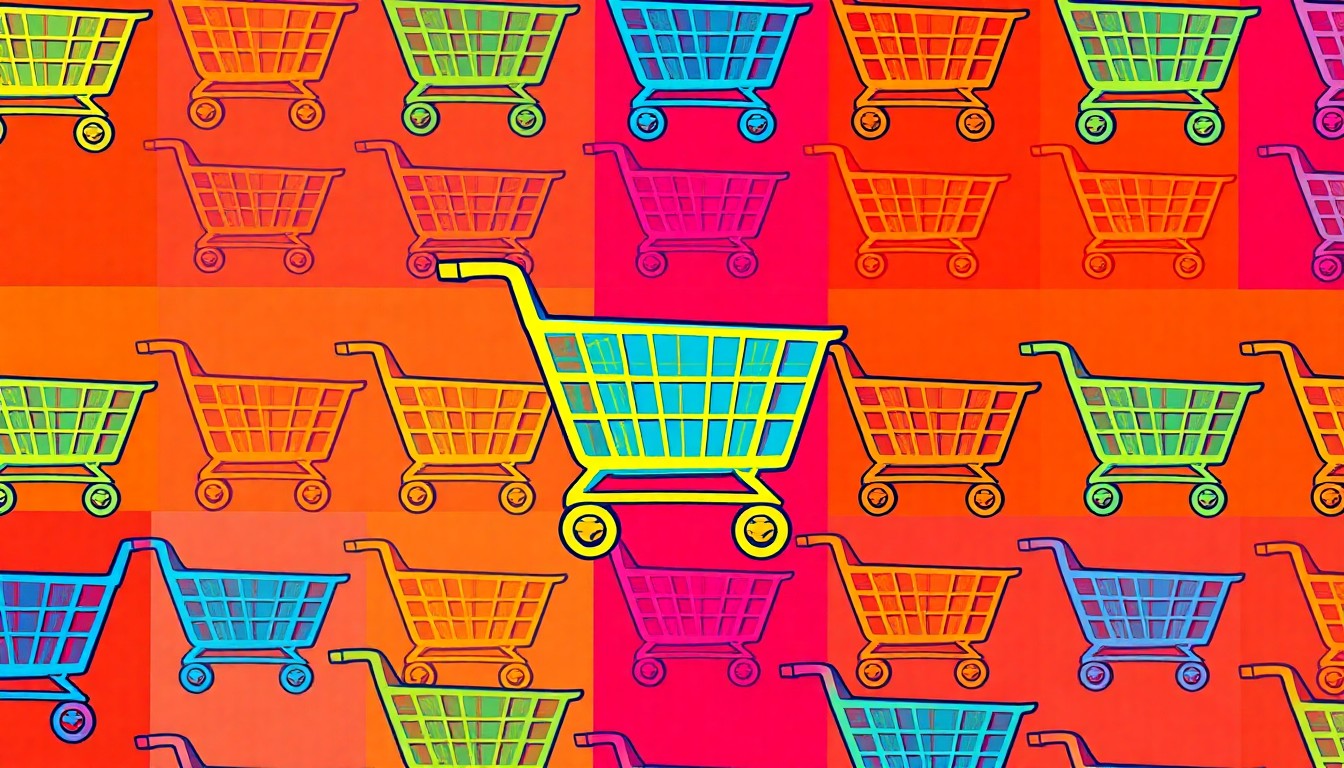 A bold, graphic silkscreen print featuring a repeated icon of a shopping cart in a grid, rendered in a vibrant neon color palette with heavy black outlines, creating a modern pop art interpretation of an everyday consumer object.