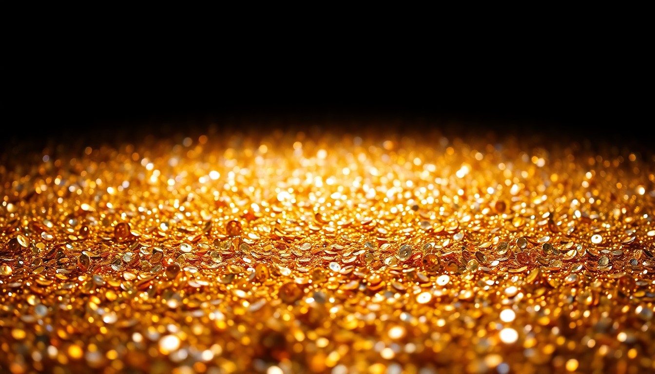 An abstract close-up photograph of shimmering gold and silver sequins, capturing the luxurious textures of the entertainment industry in dramatic high-contrast studio lighting.