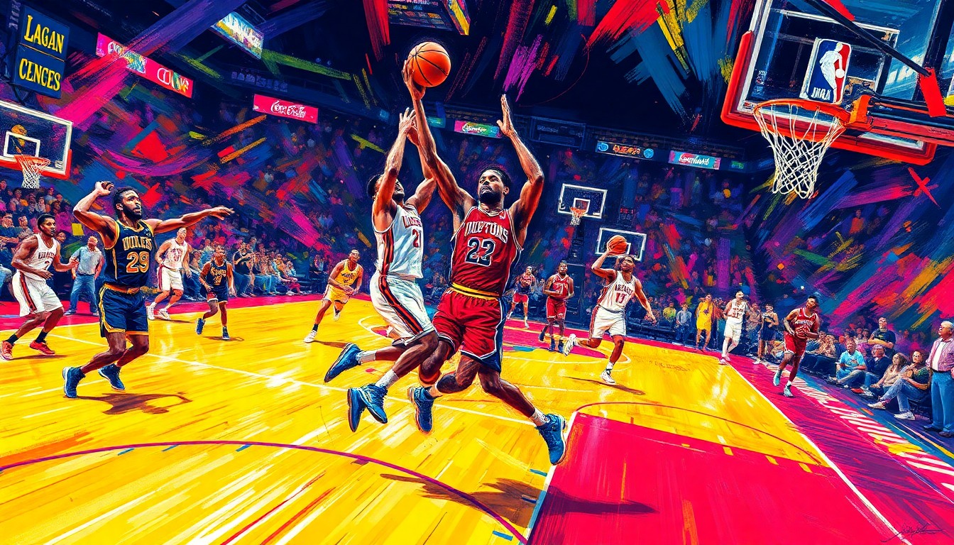 An abstract, energetic painting featuring bold, neon-colored brushstrokes that capture the dynamic movements and scoring plays of professional basketball players on the court.