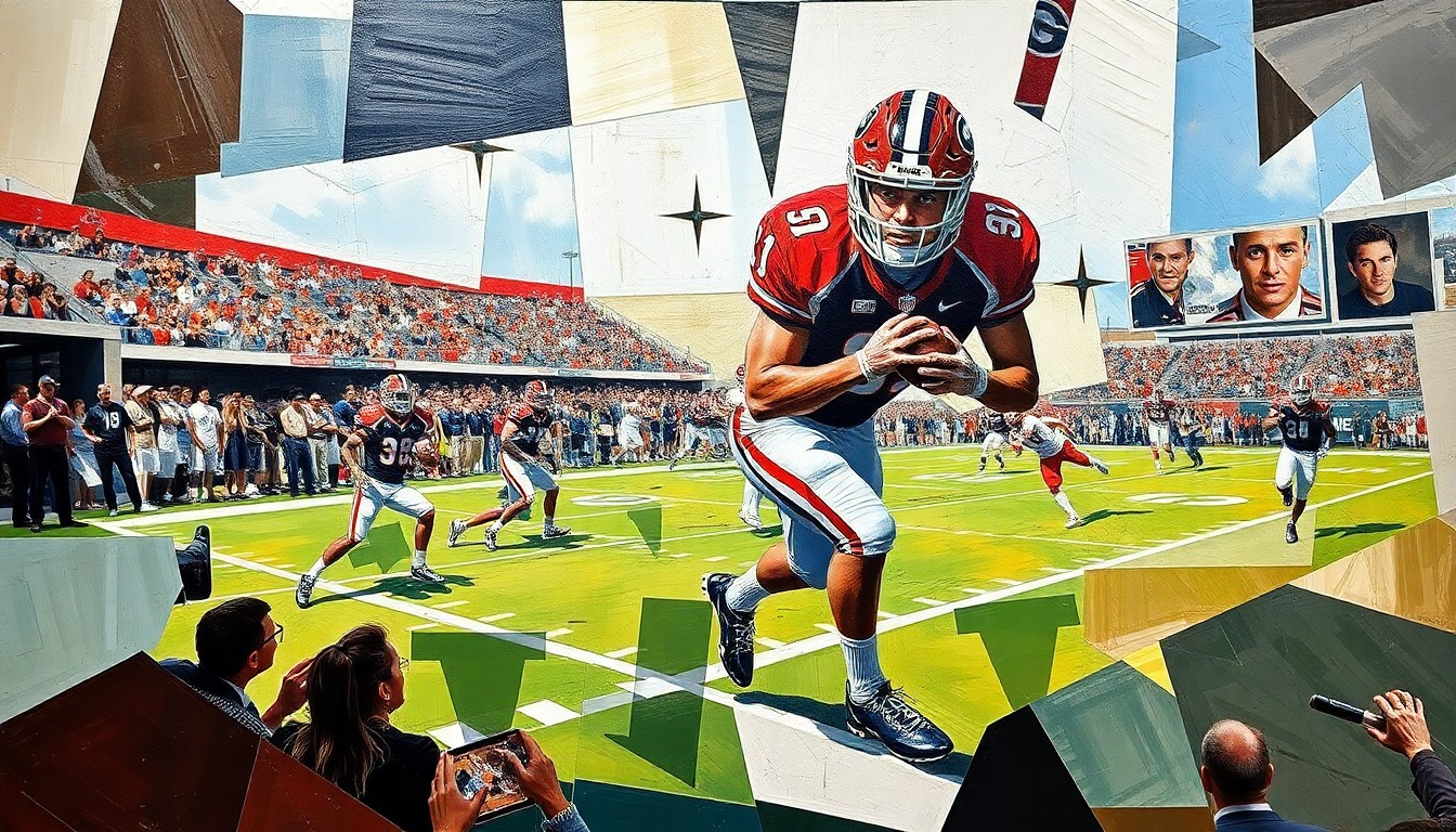 A cubist, geometric illustration depicting fragmented and overlapping shapes representing a Georgia Bulldogs football player or game, conveying the program's continued success in producing professional-level talent.