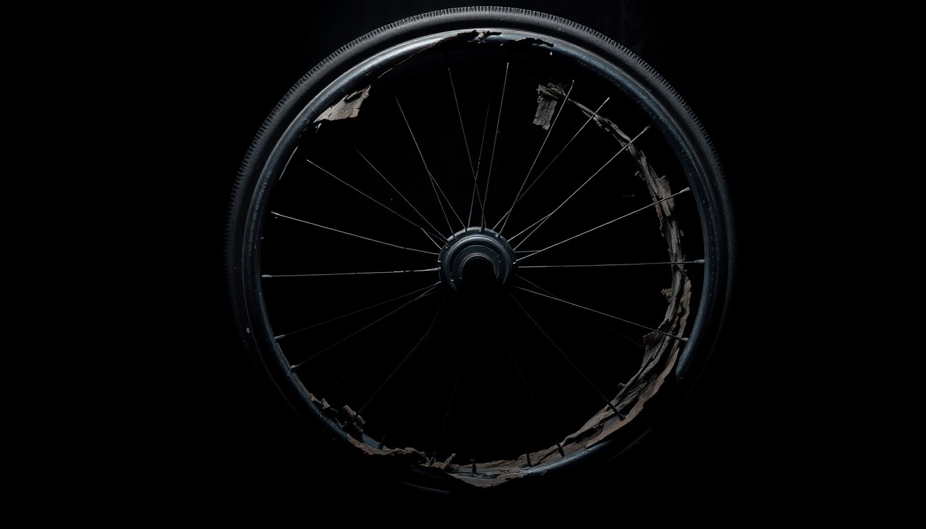 An extreme close-up of a damaged wheelchair wheel, the metal frame and rubber tire reflecting the harsh light of the camera flash against a pitch-black background, conceptually illustrating the aftermath of a serious pedestrian accident.