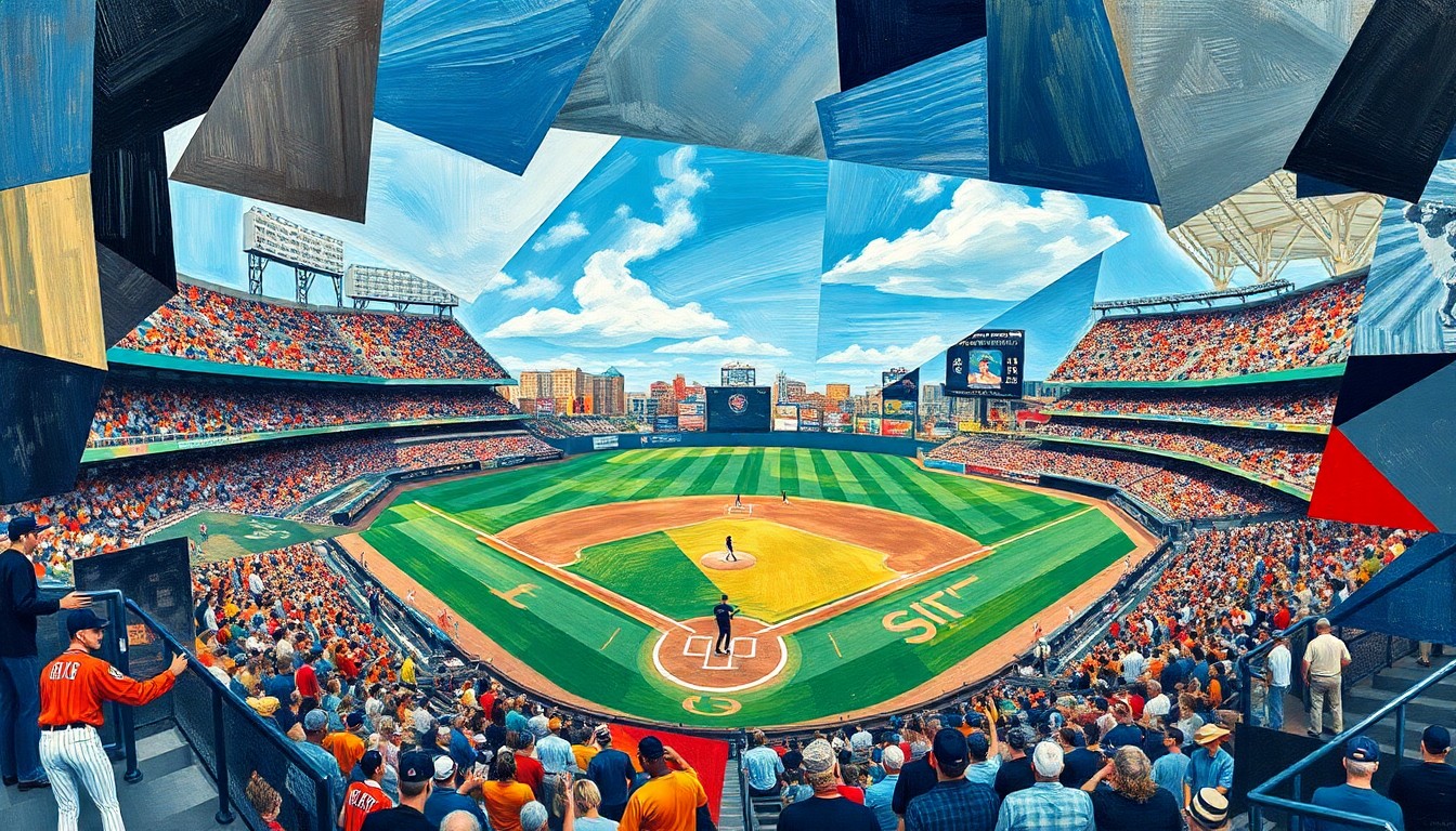 A cubist, geometric painting depicting a baseball game broken down into overlapping planes of color and shape, conveying the emotional intensity and debate surrounding the new automated ball-strike review system.