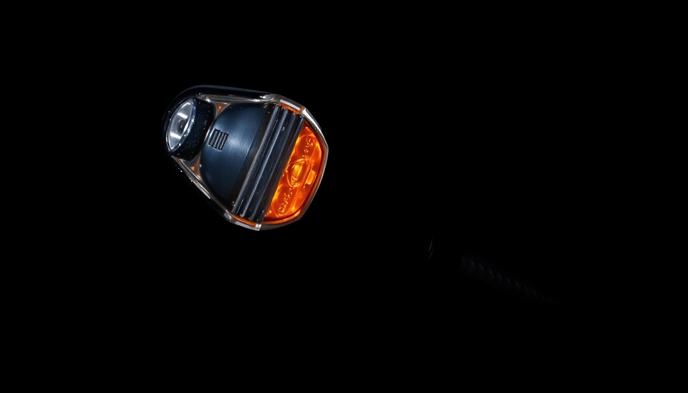 An extreme close-up photograph of a damaged bicycle reflector or brake lever, the metal surface reflecting the harsh light of the camera flash against a pitch-black background, conceptually representing the aftermath of a hit-and-run collision.