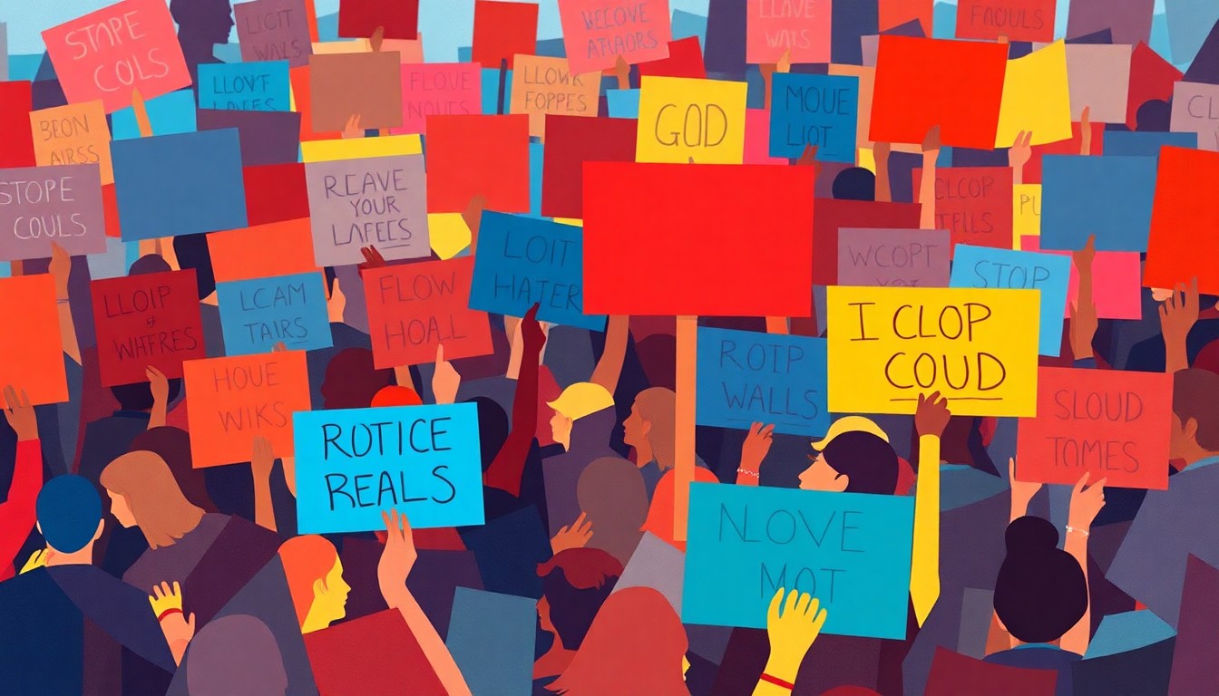 A vibrant, abstract painting composed of overlapping geometric shapes and brushstrokes in shades of red, blue, and yellow, conceptually representing the energy and diversity of a political protest.