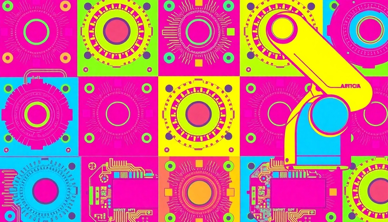 A brightly colored, high-contrast silkscreen print of a single, iconic engineering object such as a circuit board or robotic arm repeated in a tight grid pattern, capturing the vibrant energy of RS's Engineering Week event for local STEM students.