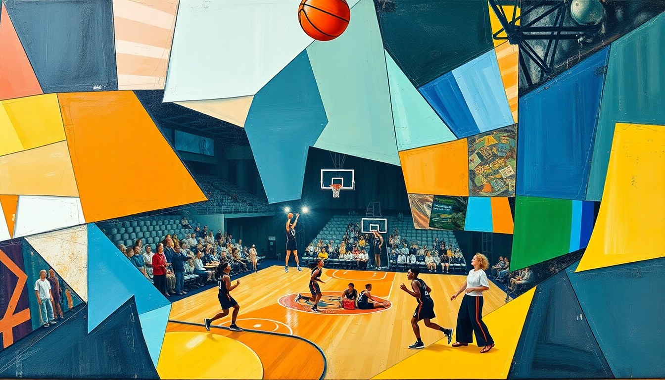 A fragmented, geometric painting depicting the motion and energy of a women's basketball game, with sharp planes of color and form representing the strategic elements of the sport.