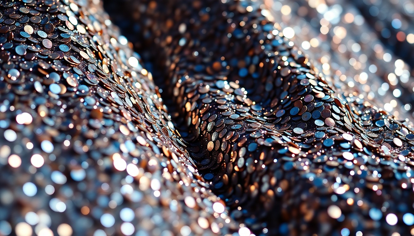 An extreme close-up photograph of shimmering sequins and metallic textures, conveying the glamour and excitement of a high-profile concert performance.