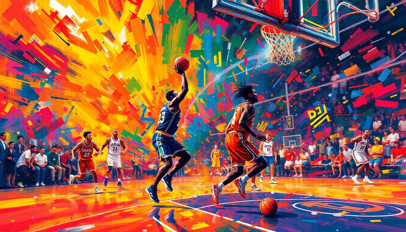 An abstract, expressionist painting in vibrant neon colors, capturing the energy and movement of a professional basketball game with players' figures and the court dissolving into colorful brushstrokes.