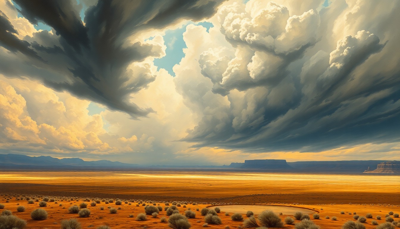 A sweeping, atmospheric landscape painting in muted earth tones, with a dramatic, cloudy sky dominating the frame and dwarfing any visible structures or vegetation below.