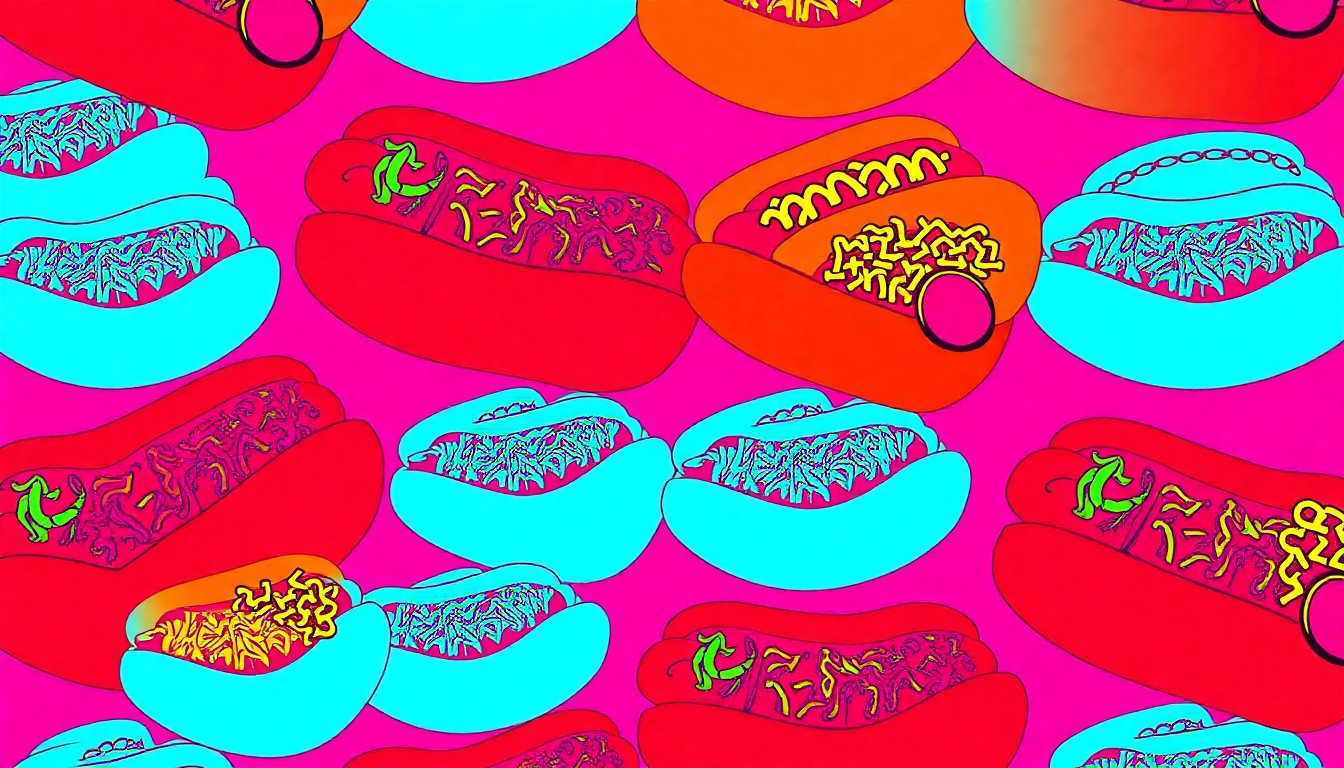 A bold, colorful silkscreen-style illustration featuring a repeating pattern of a hot dog with various toppings, conceptually representing the new restaurant openings at Lansing Shuffle.