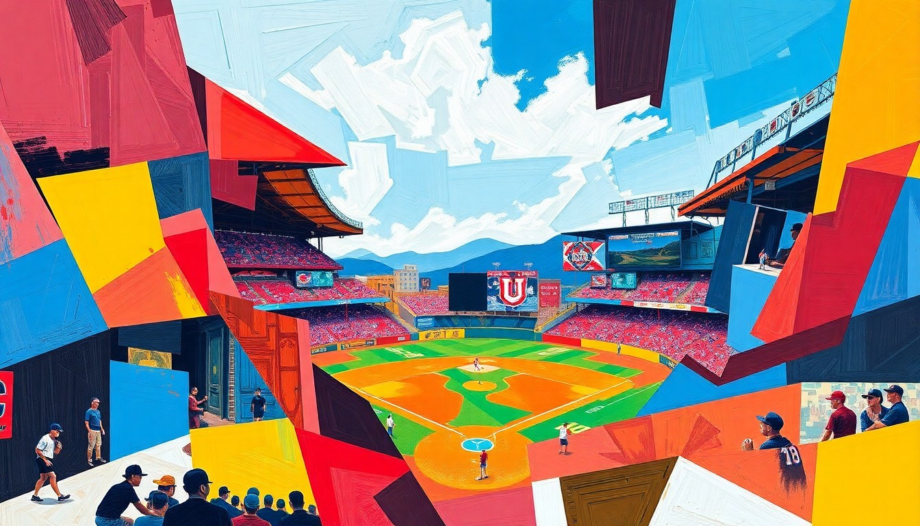 A cubist, geometric painting depicting a Utah baseball game, with sharp, overlapping planes of red, blue, and yellow representing the team's energy and determination.