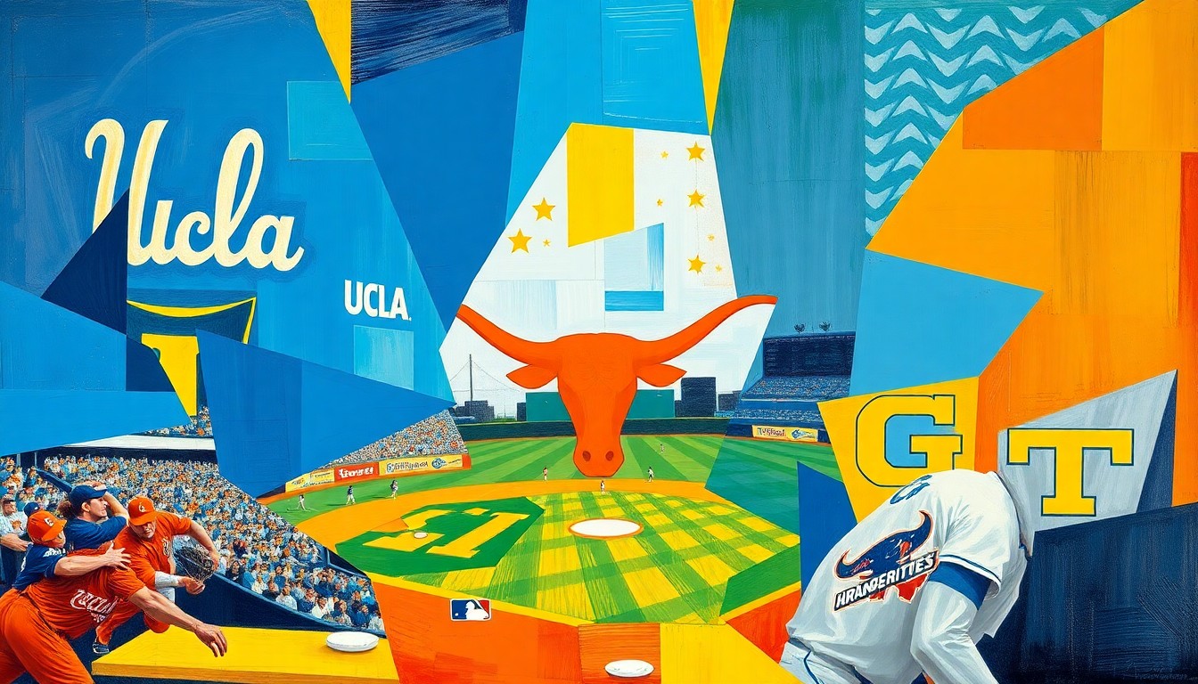 A dynamic, abstract painting featuring sharp, overlapping geometric shapes in vibrant colors representing the teams mentioned in the story, conveying the competitive intensity and unpredictability of the recent college baseball action.