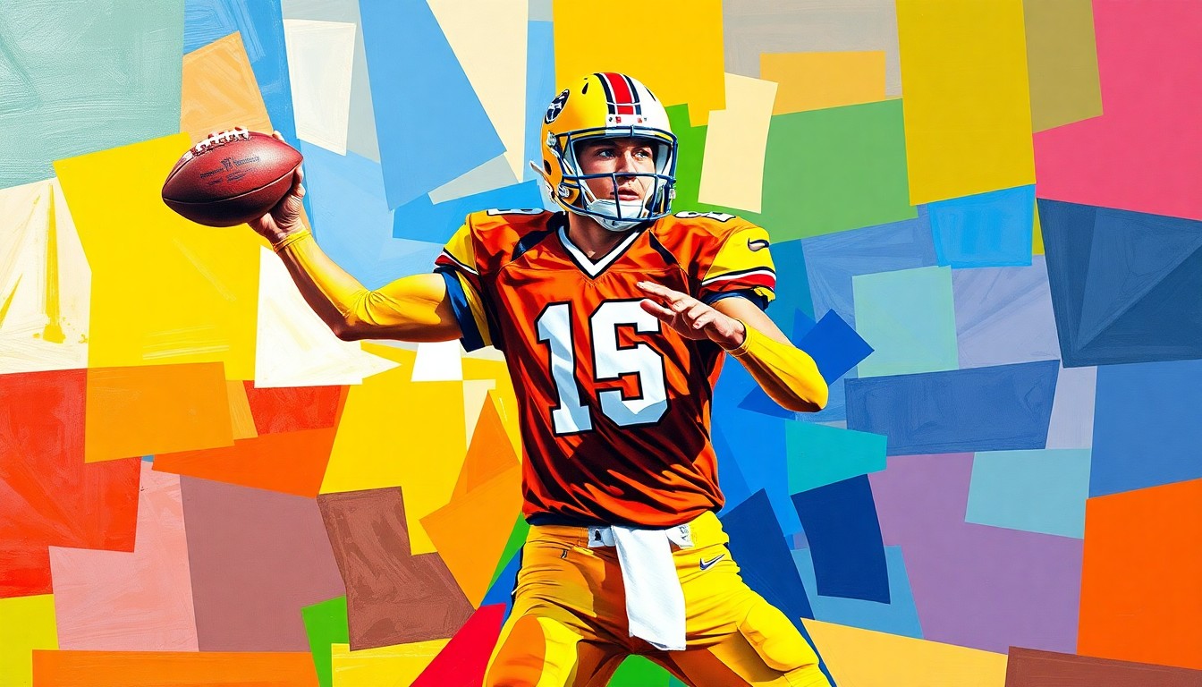 A cubist-style painting depicting a football player in motion, broken down into overlapping geometric shapes and planes in the colors of the Holland, Michigan high school football team.