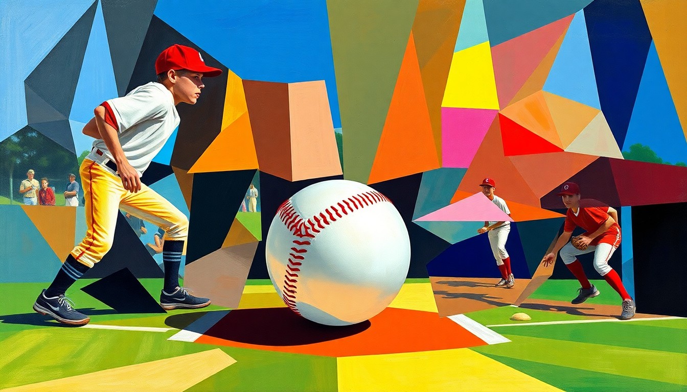 A fragmented, geometric painting depicting a high school baseball game, with the players and field abstracted into colorful, angular shapes, the ball as the central focus.