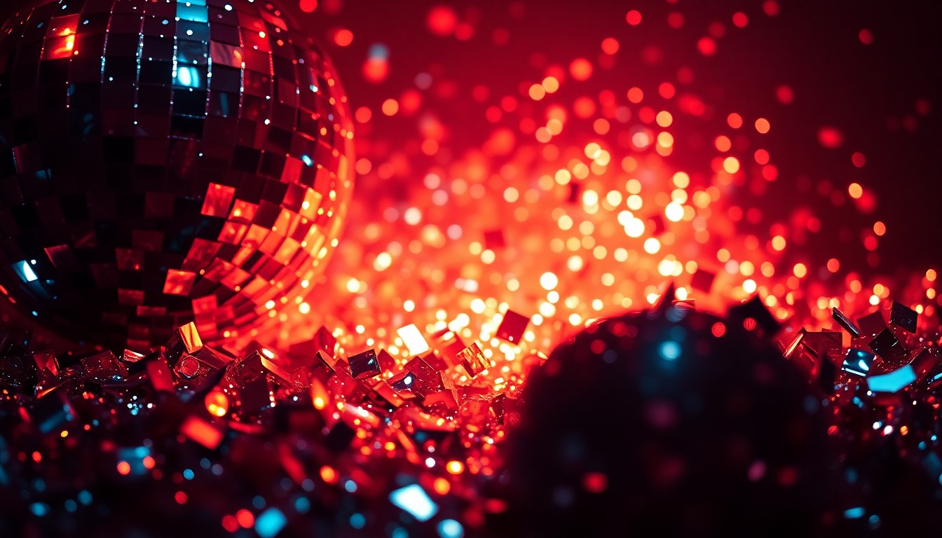 An extreme close-up photograph showcasing the luxurious textures of glittering sequins and shattered disco ball fragments, conveying the high-energy and glamorous atmosphere of a major concert event.