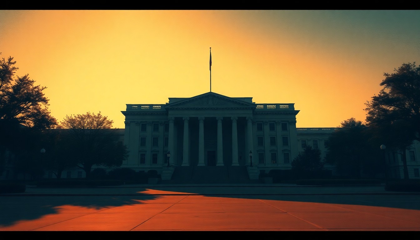 A serene, photorealistic painting of a government building exterior with warm, dramatic lighting and deep shadows, creating a sense of political unease and uncertainty.