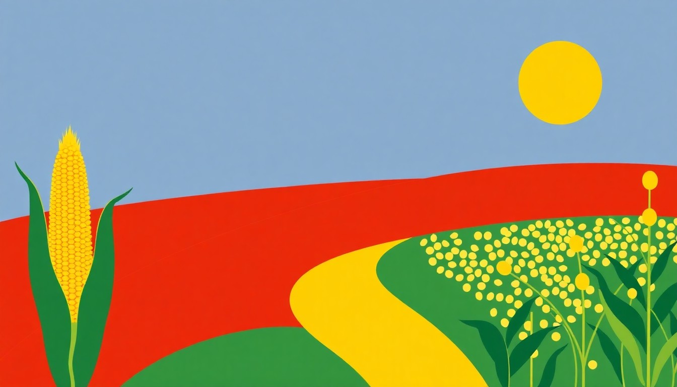 A geometric abstract illustration using bold shapes and primary colors to represent the concept of shifting crop acreage, without any text or identifiable elements.