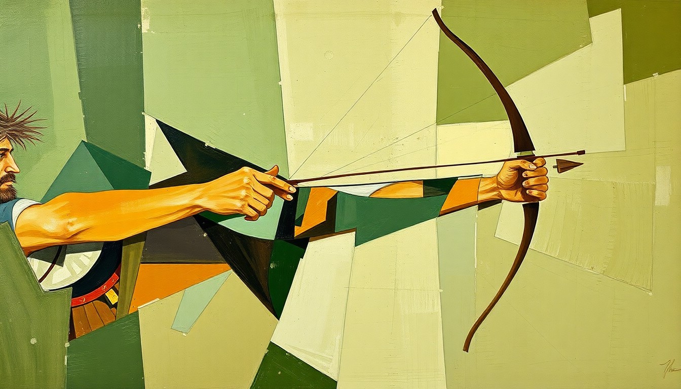 A fragmented, geometric painting depicting the dynamic motion of an archer's draw and release, with sharp planes of earth-toned colors capturing the raw energy of the sport.