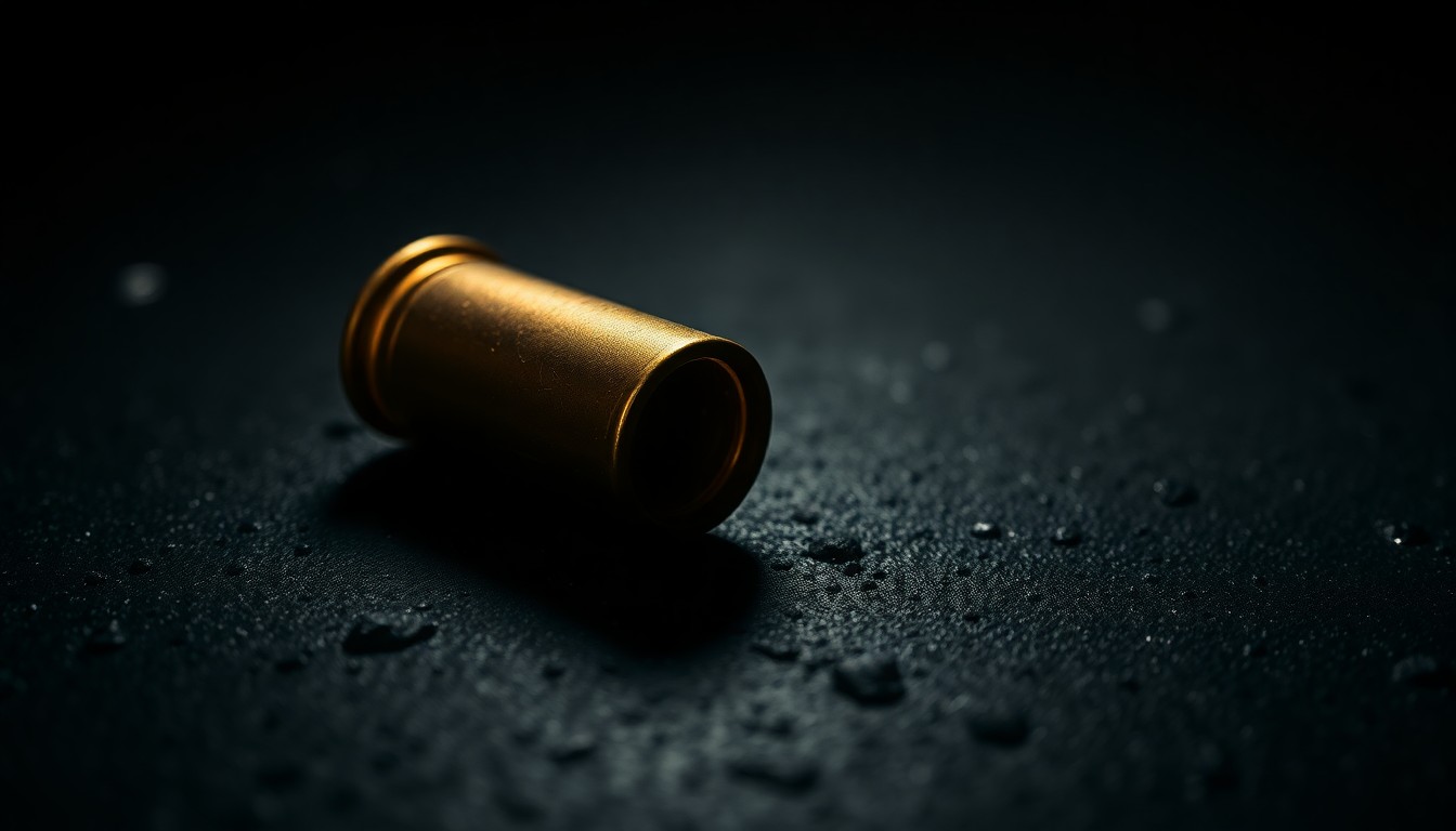 An extreme close-up photograph of a spent shell casing on a dark, textured surface, lit by a harsh, direct camera flash, conceptually illustrating the aftermath of a shooting incident.