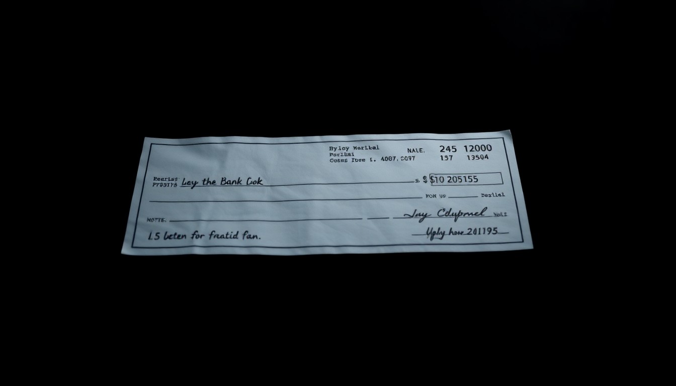 An extreme close-up photograph of a crumpled bank check or ATM receipt, capturing the textural details and dramatic lighting to conceptually illustrate the investigative nature of a financial crime investigation.