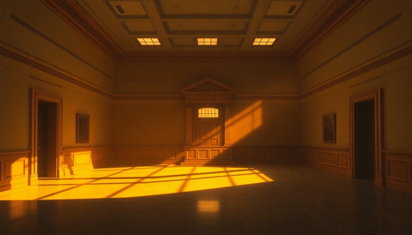 A dimly lit, cinematic interior space with warm, diagonal sunlight streaming through windows, casting deep shadows and a sense of quiet power and bureaucracy.