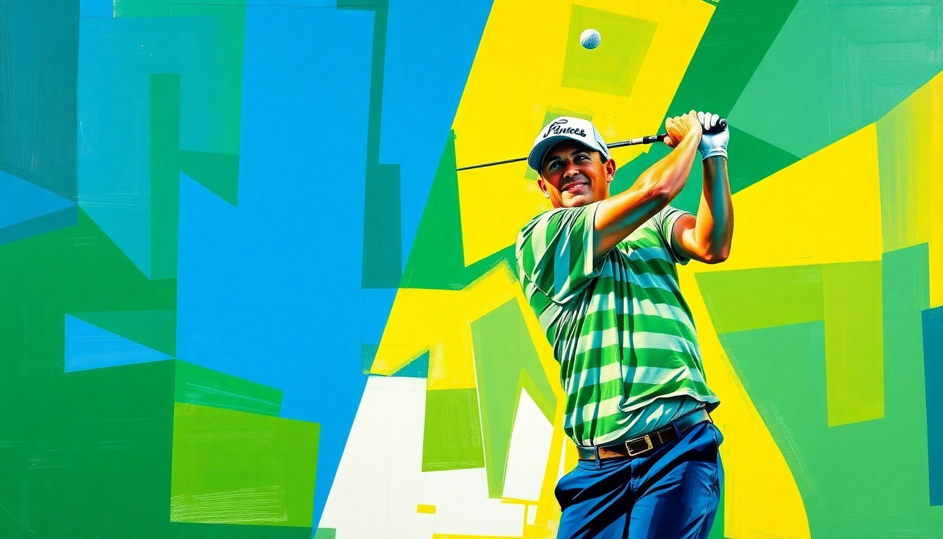 A fragmented, geometric painting in shades of green, blue, and yellow, depicting the motion and energy of a golfer's swing and celebration, without any identifiable faces or logos.