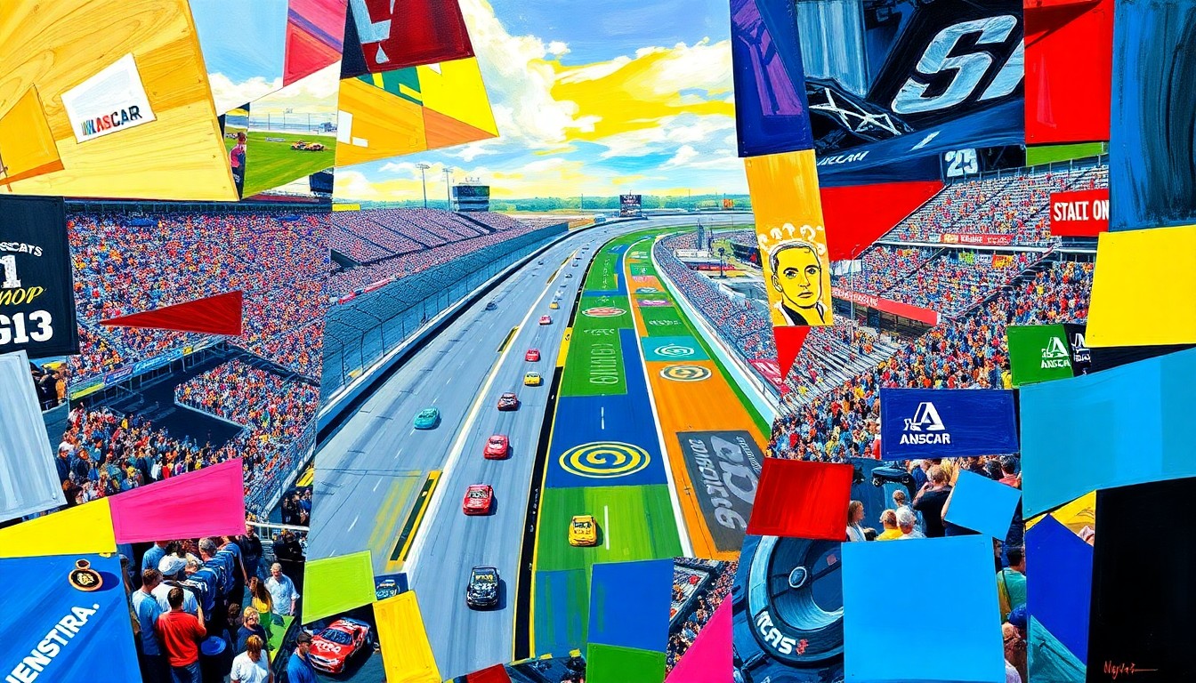A cubist, geometric painting depicting the cars, track, and grandstands of a NASCAR race at Martinsville Speedway, with sharp planes of color and overlapping perspectives capturing the dynamic action.