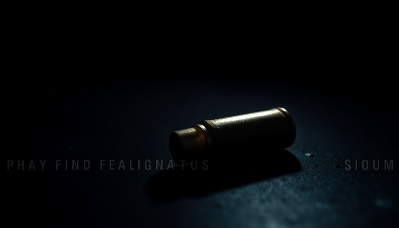 An extreme close-up photograph of a single spent shell casing on a dark surface, lit by a harsh, direct camera flash, creating a stark, gritty, investigative aesthetic.