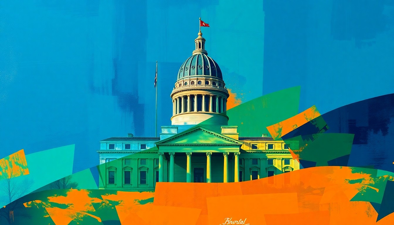 A vibrant, abstract painting featuring overlapping, geometric shapes and brushstrokes in shades of blue, green, and orange, conceptually representing the dynamic legislative process in Mississippi.