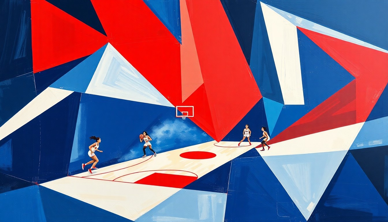 A fragmented, geometric painting depicting the dynamic action of a women's basketball game, with sharp planes of navy, crimson, and white conveying the intensity and focus of the UConn Huskies' undefeated season.