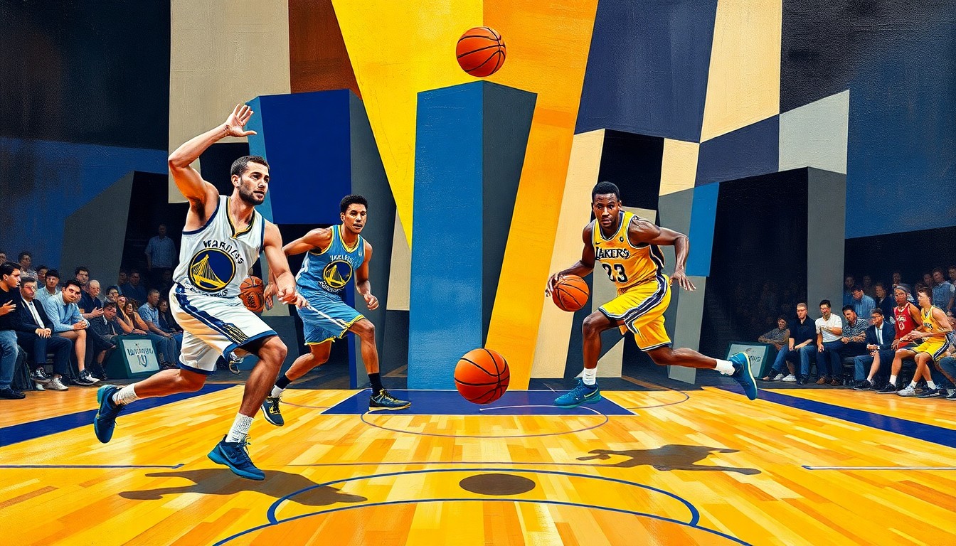 A fractured, cubist-style painting depicting an abstract basketball game between the Warriors and Lakers, with the players' forms broken down into sharp geometric shapes and planes of color.