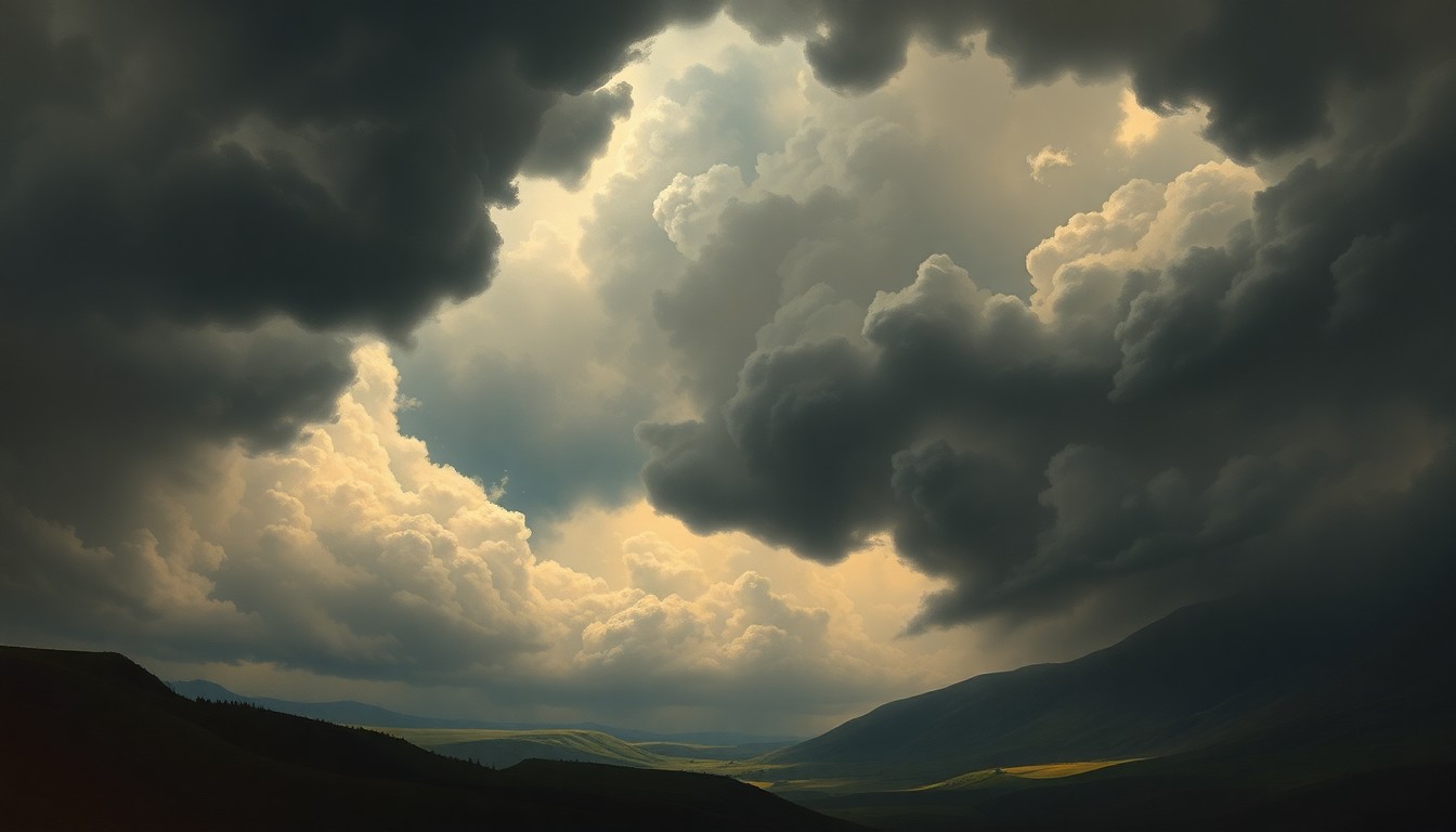 A dramatic landscape painting in muted tones, with a vast, stormy sky dominating the scene and obscuring the details of the cityscape below.