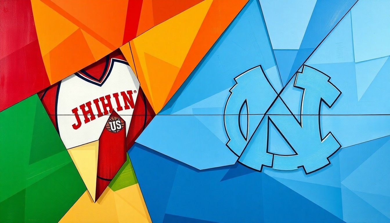 A cubist, geometric painting depicting the action of a college basketball game, with sharp, overlapping planes of color representing the official team colors of St. John's University and the University of North Carolina.
