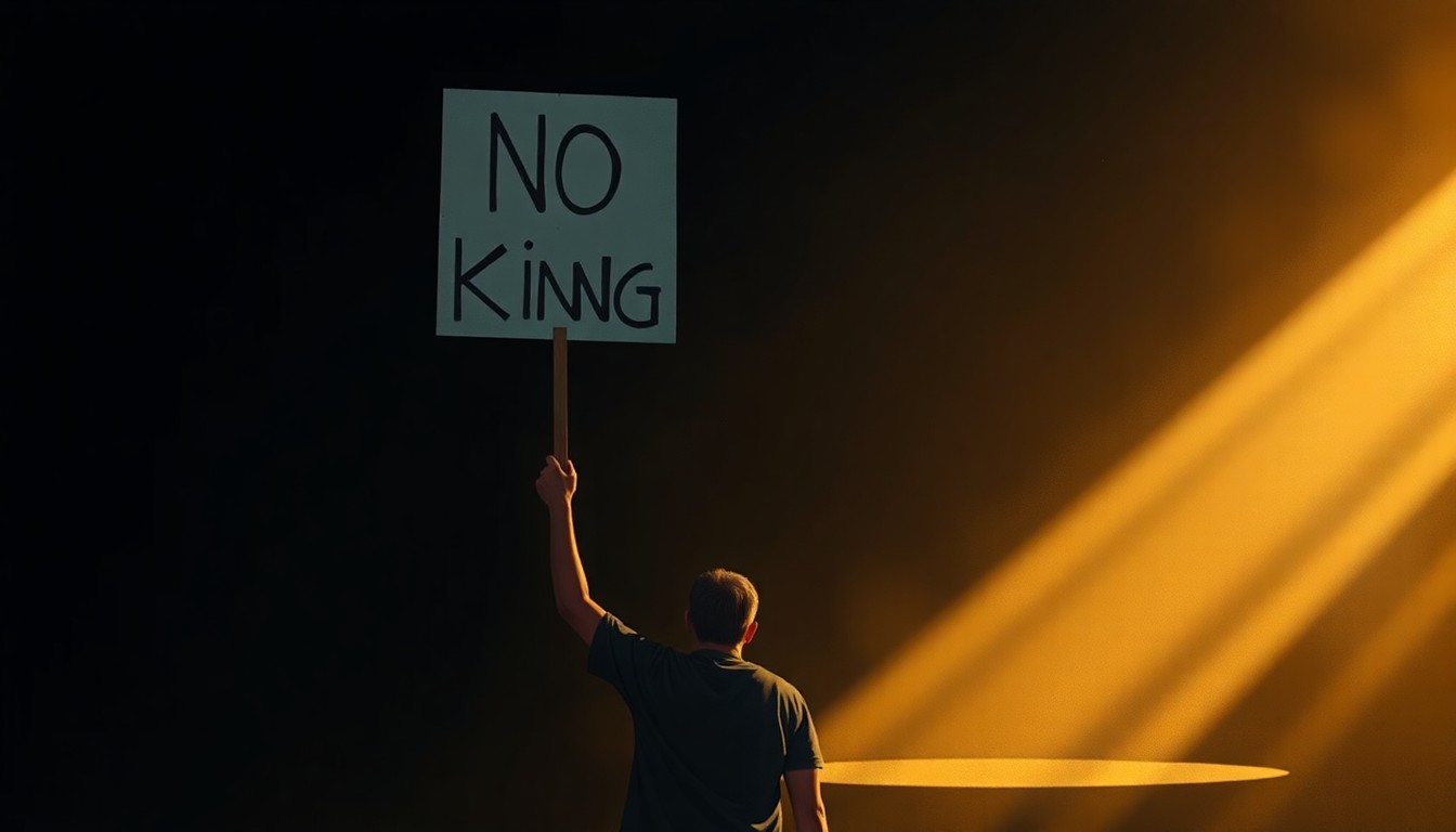 A solitary protester holding a 'No Kings' sign stands in a dimly lit urban setting, the scene bathed in warm, cinematic lighting that evokes a sense of quiet contemplation and civic unrest.