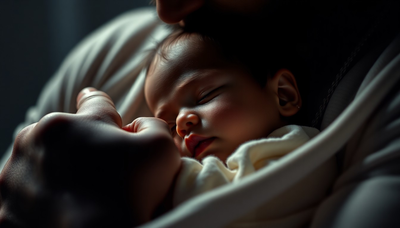 An extreme close-up photograph of a hand gently cradling a young child, conveying the tender, loving relationship between a parent and child.