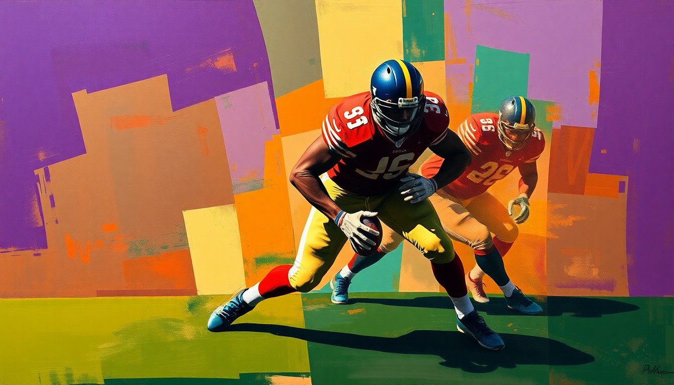 A fragmented, geometric painting depicting the angular, overlapping movements of a football player in a defensive stance, using a color palette of deep purple, forest green, and burnt orange to capture the raw energy of the sport.
