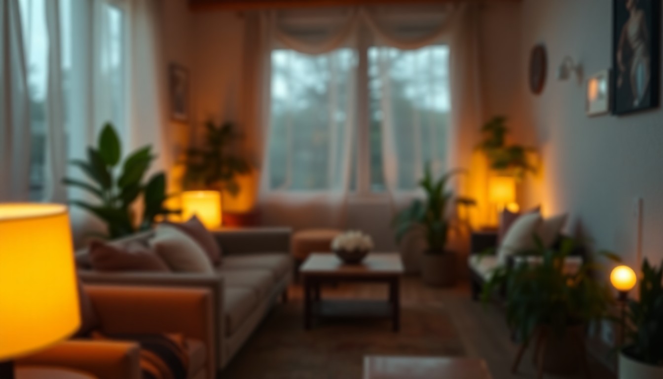 A softly focused, atmospheric photograph of a cozy, dimly lit room with plush seating, natural elements, and warm lighting, conveying a sense of tranquility and restoration.