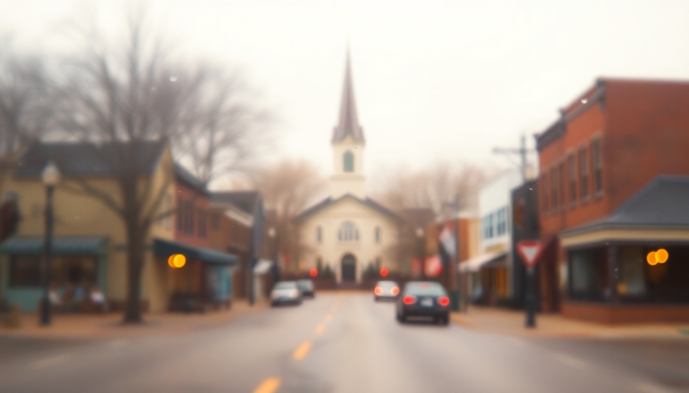 An impressionistic, out-of-focus photograph depicting a hazy, warm scene of a small-town main street with a church steeple in the distance, conveying a sense of nostalgia and community.